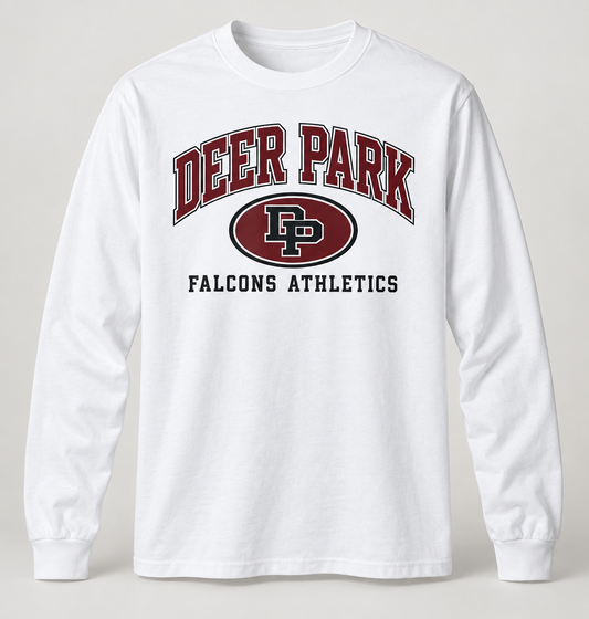 Deer Park Falcons Stadium Crest Long Sleeve Tee in White — front view