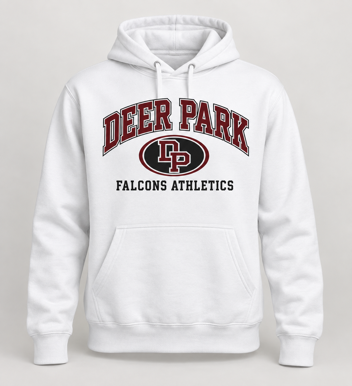 Deer Park Falcons Stadium Crest Pullover Hoodie in White — front view