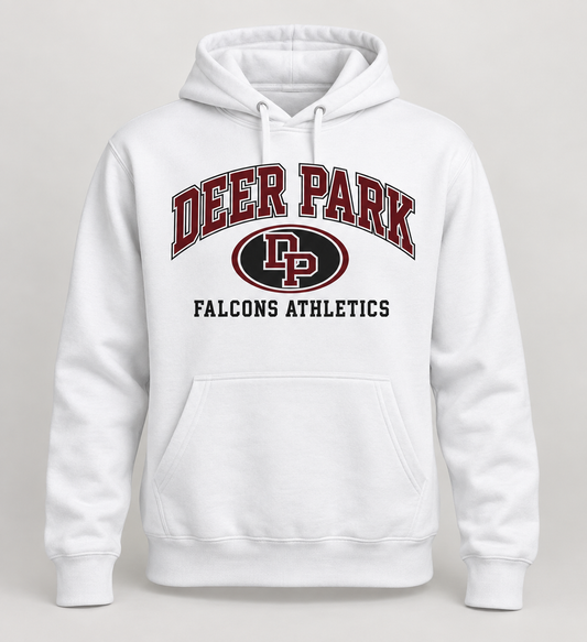 Deer Park Falcons Stadium Crest Pullover Hoodie in White — front view