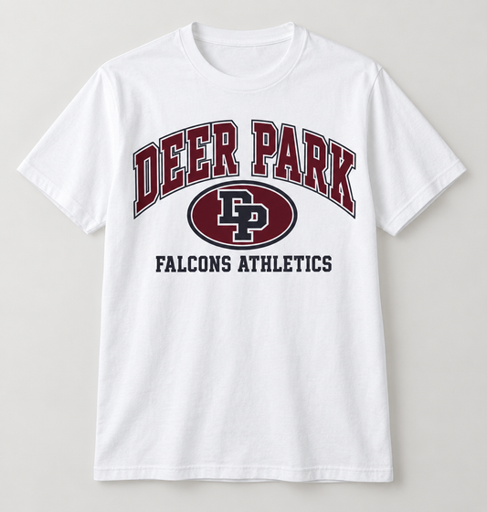 Deer Park Falcons Stadium Crest Tee in White — front view
