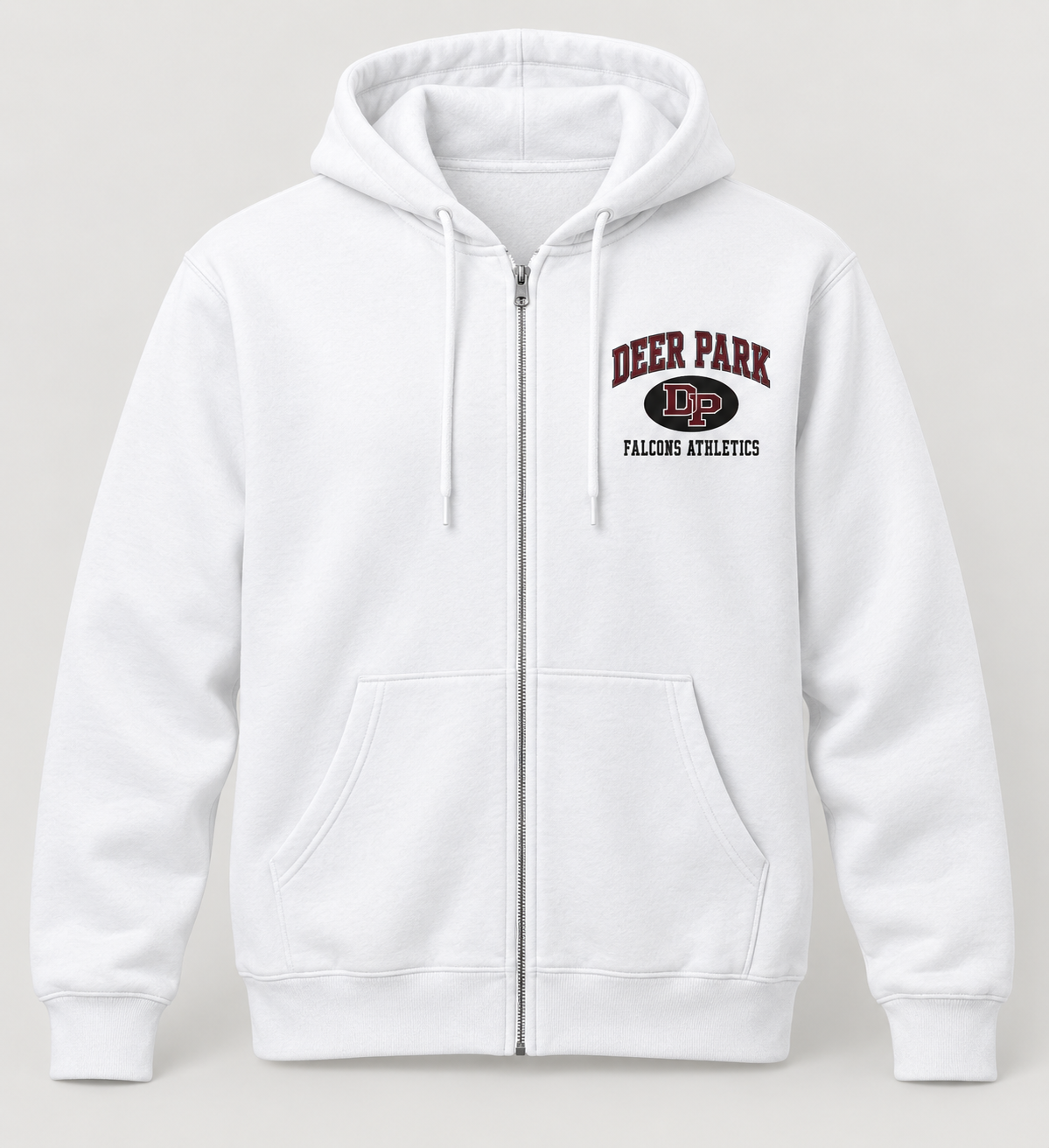 Deer Park Falcons Stadium Crest Zip Hoodie in White — front view