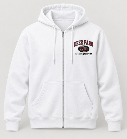 Deer Park Falcons Stadium Crest Zip Hoodie in White — front view