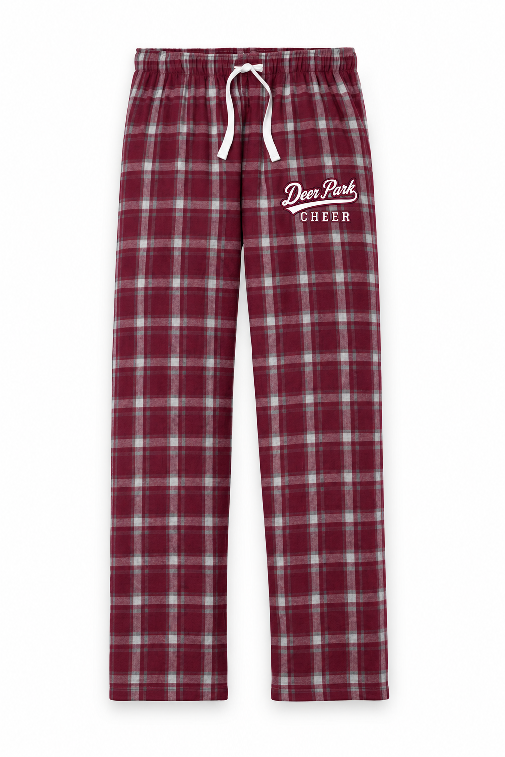 Deer Park Cheer Burgundy/Grey Dress Plaid flannel pajama pants with collegiate script