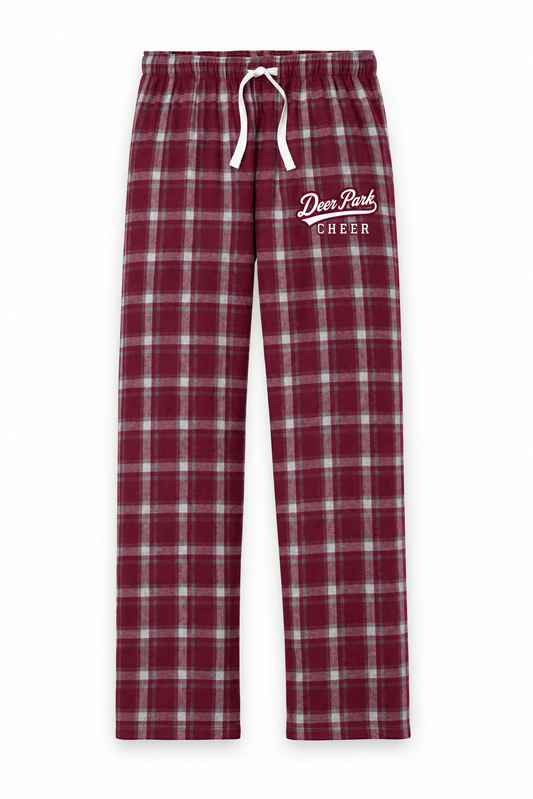 Deer Park Cheer Burgundy/Grey Dress Plaid flannel pajama pants with collegiate script