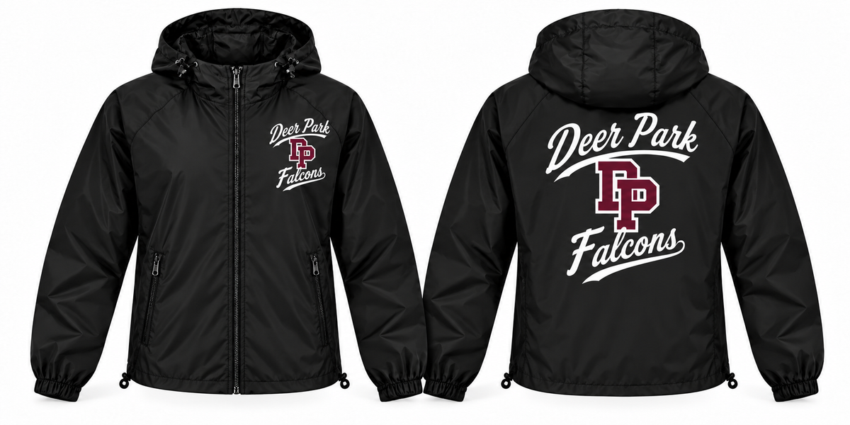 Deer Park Falcons black full-zip windbreaker front and back