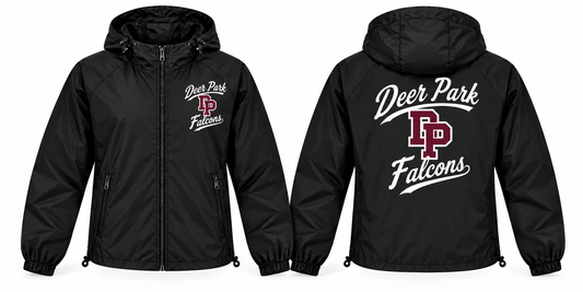 Deer Park Falcons black full-zip windbreaker front and back