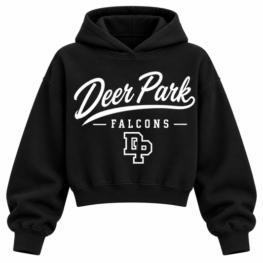 Deer Park Falcons black cropped hoodie with heritage school script and varsity monogram on front