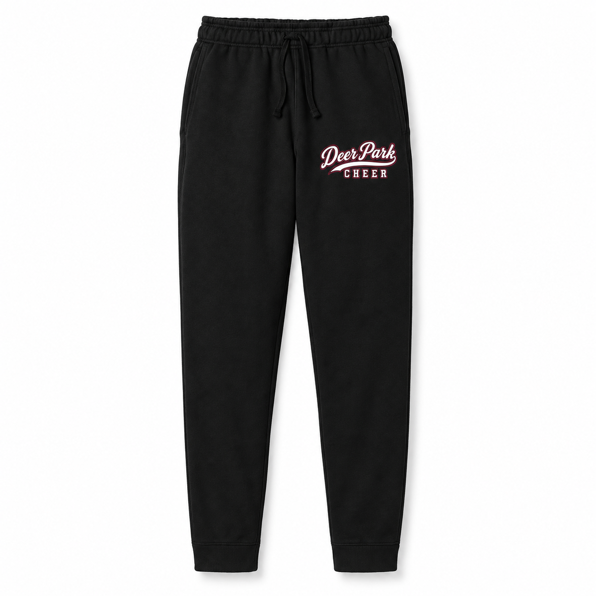Deer Park Cheer Jet Black fleece joggers with collegiate script
