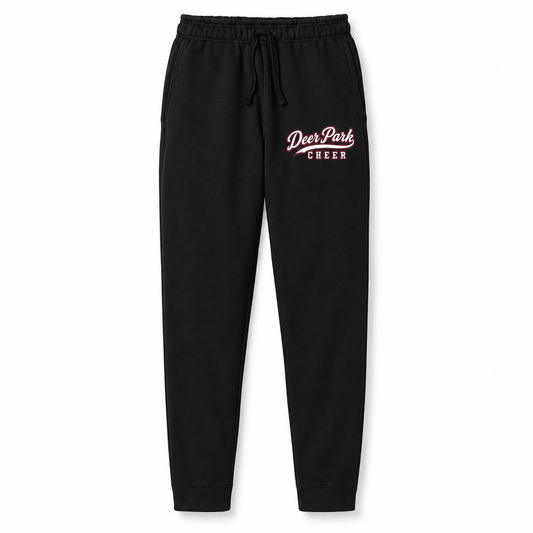 Deer Park Cheer Jet Black fleece joggers with collegiate script