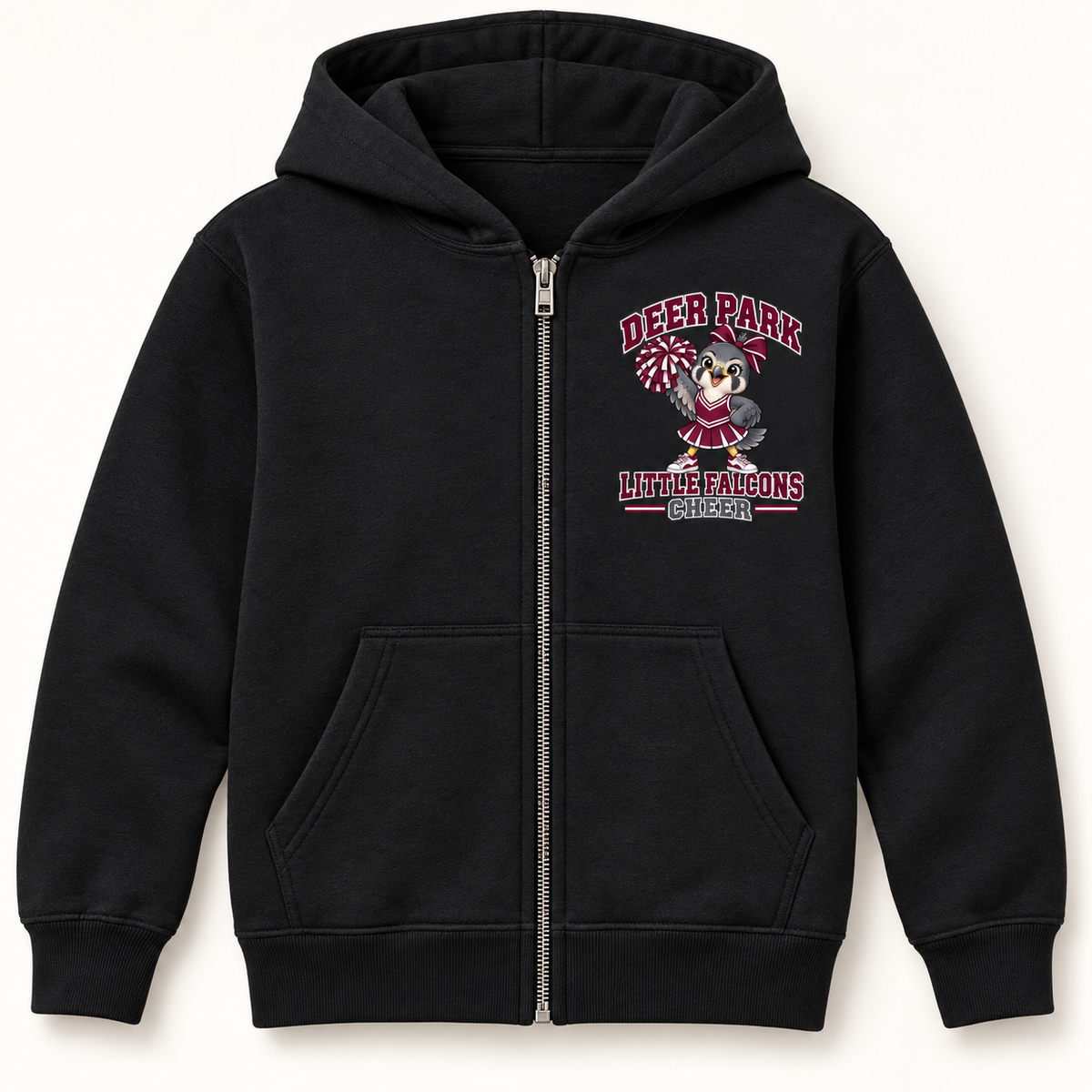 Deer Park Cheer Little Falcons youth full-zip hoodie in Black with left-chest badge