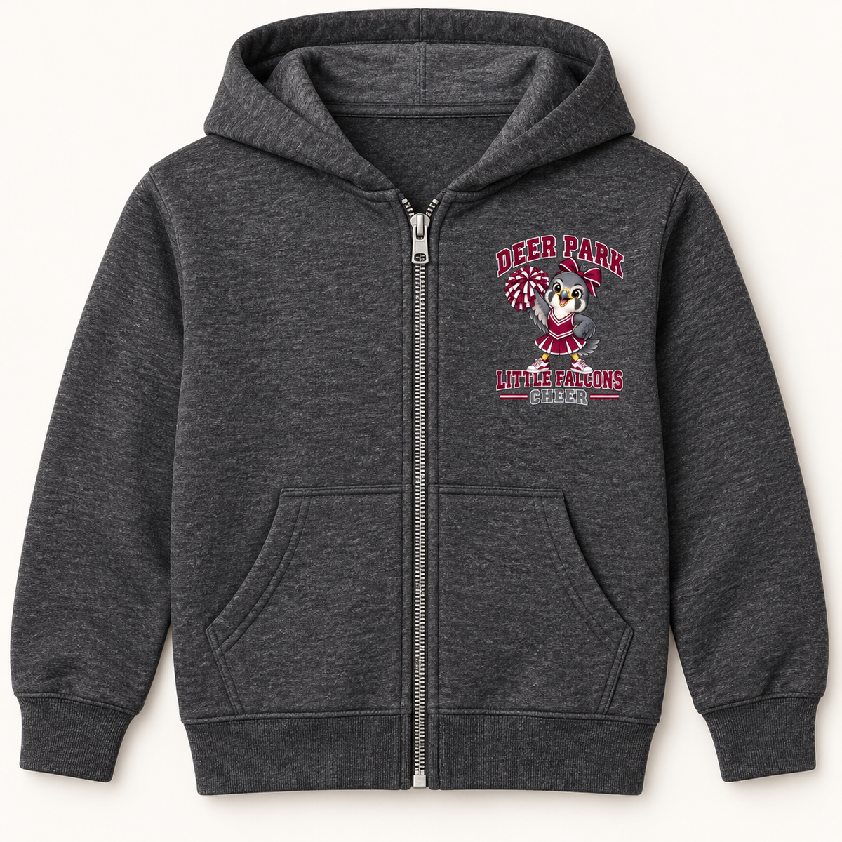 Deer Park Cheer Little Falcons youth full-zip hoodie in Charcoal Heather with left-chest badge
