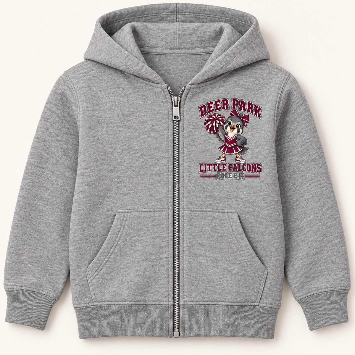 Deer Park Cheer Little Falcons youth full-zip hoodie in Grey Heather with left-chest badge