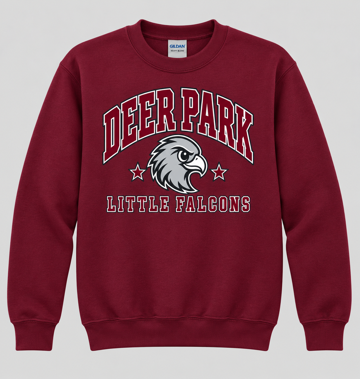 Deer Park Little Falcons Collegiate Youth Crewneck Sweatshirt in maroon, front view