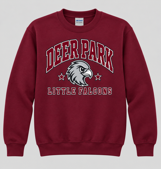 Deer Park Little Falcons Collegiate Youth Crewneck Sweatshirt in maroon, front view