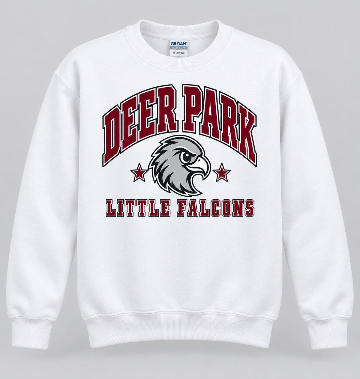 Deer Park Little Falcons Collegiate Youth Crewneck Sweatshirt in white, front view