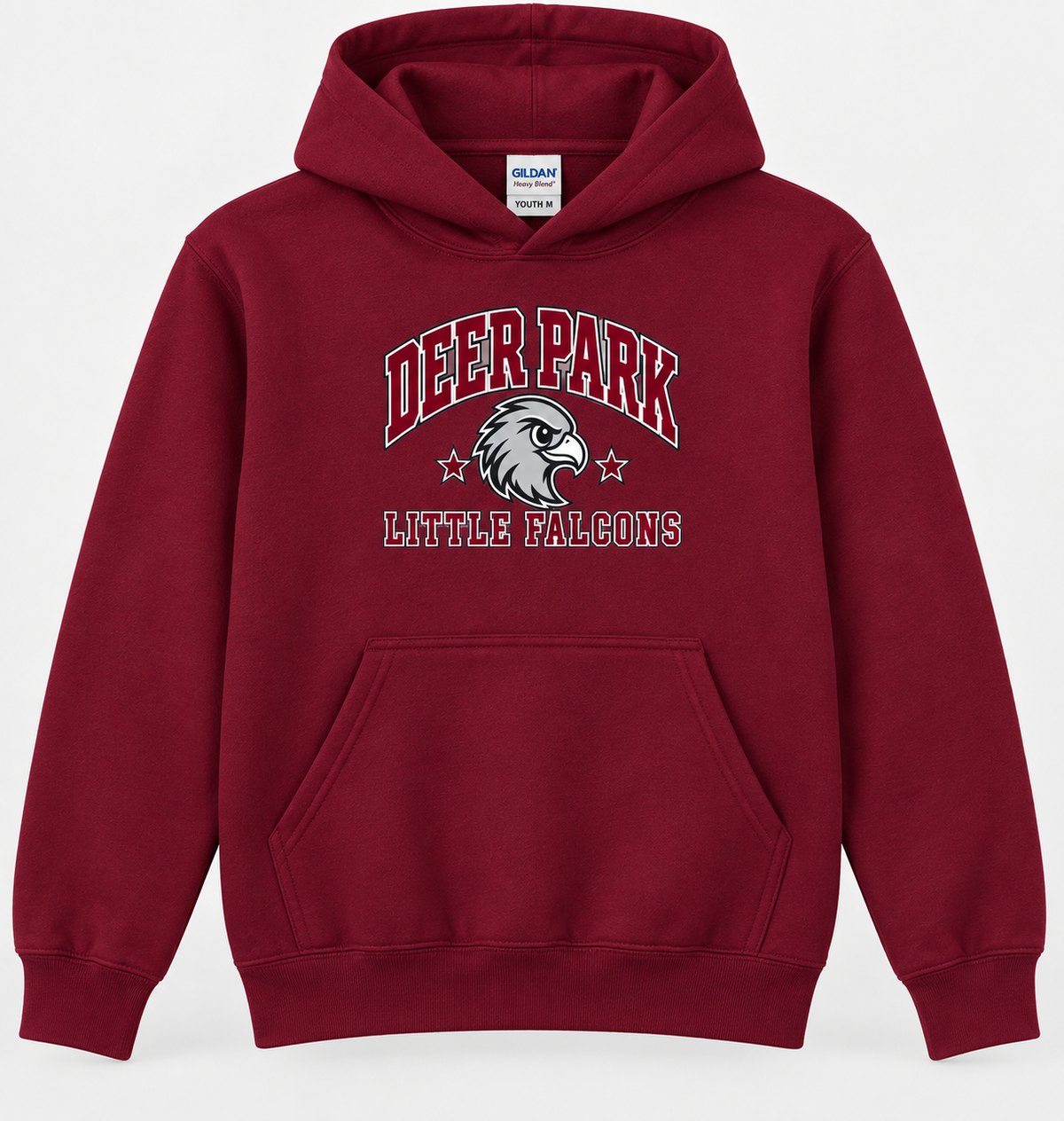 Deer Park Little Falcons Collegiate Youth Pullover Hoodie in maroon, front view