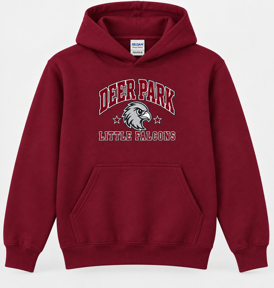 Deer Park Little Falcons Collegiate Youth Pullover Hoodie in maroon, front view
