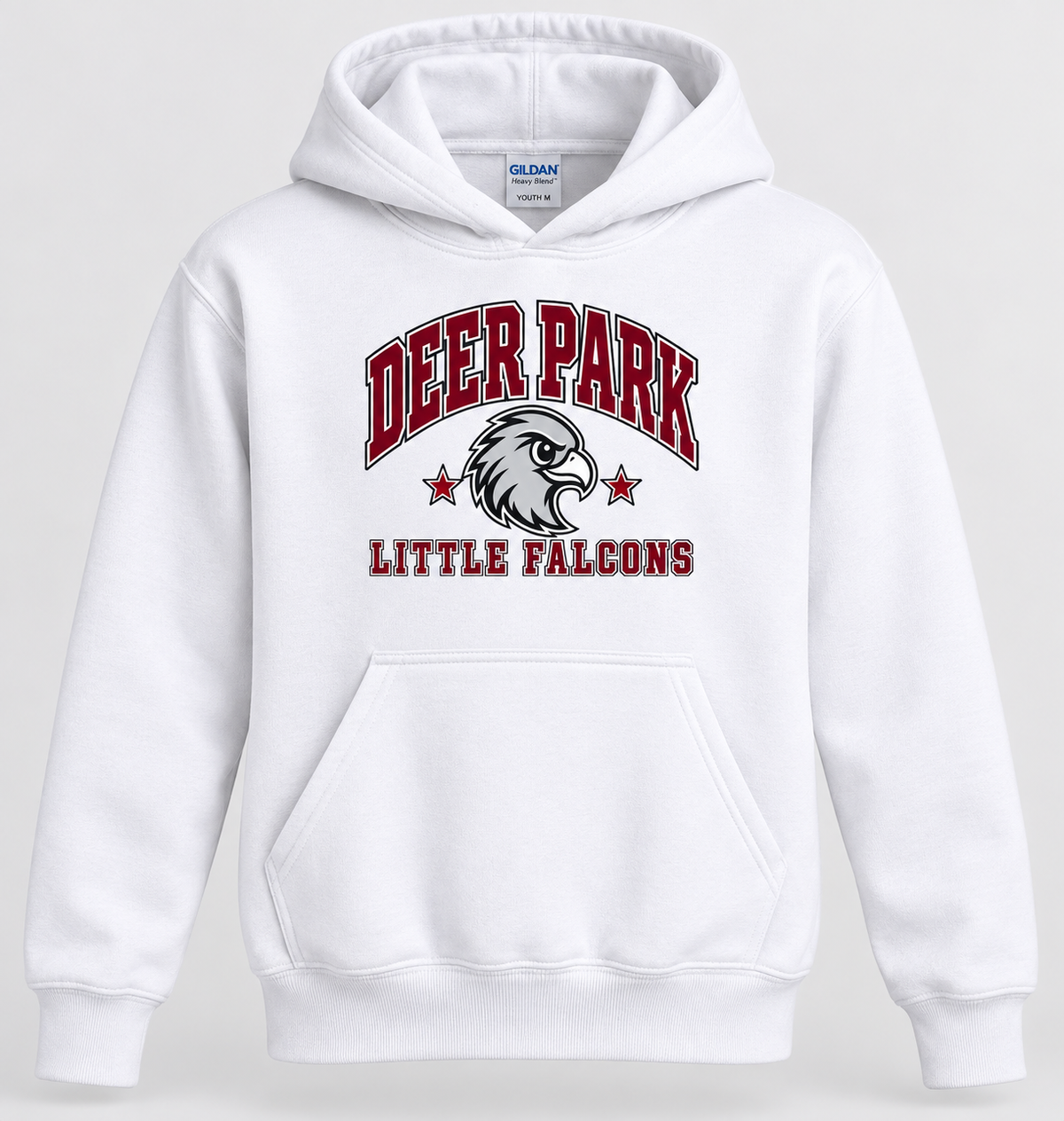 Deer Park Little Falcons Collegiate Youth Pullover Hoodie in white, front view