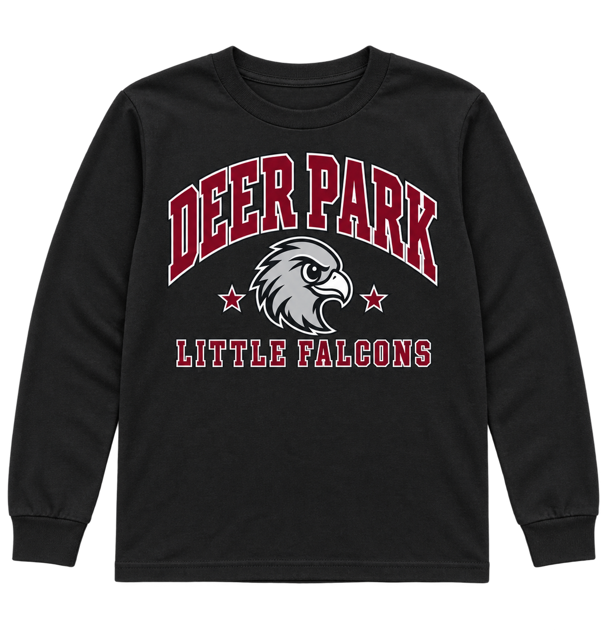 Deer Park Little Falcons Collegiate Youth Long-Sleeve T-Shirt in black, front view