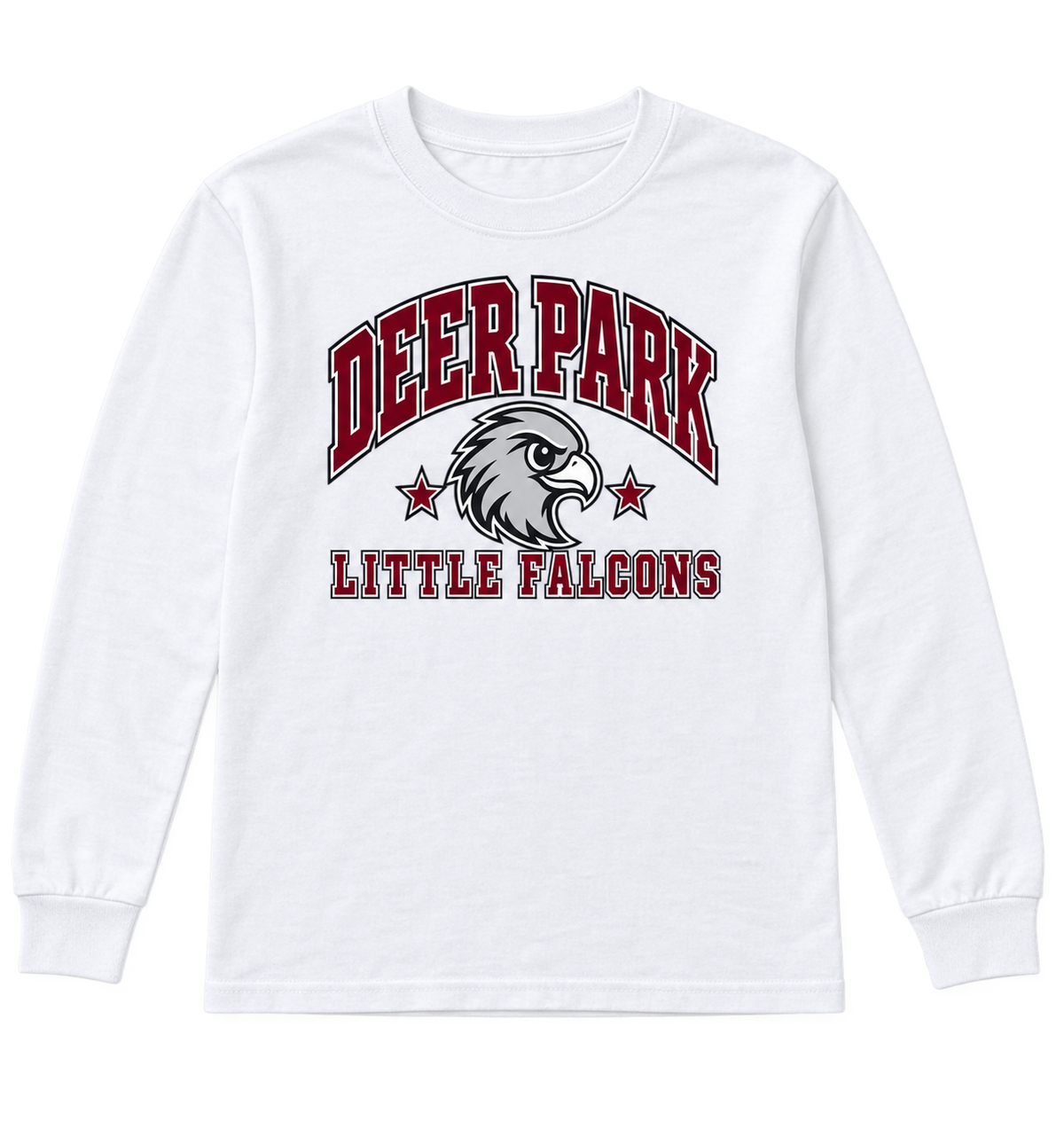 Deer Park Little Falcons Collegiate Youth Long-Sleeve T-Shirt in white, front view