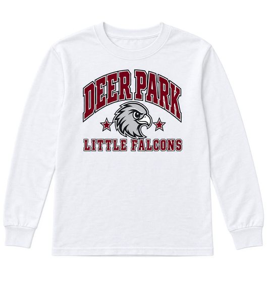 Deer Park Little Falcons Collegiate Youth Long-Sleeve T-Shirt in white, front view