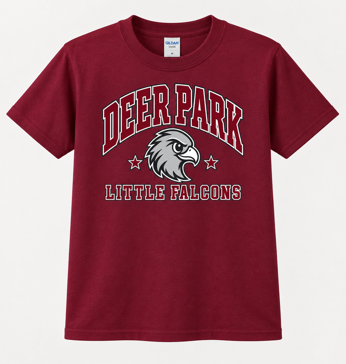 Deer Park Little Falcons Collegiate Youth T-Shirt in maroon, front view