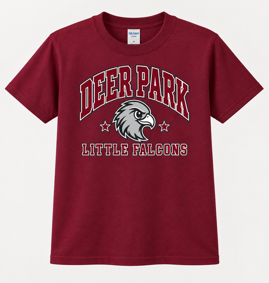Deer Park Little Falcons Collegiate Youth T-Shirt in maroon, front view