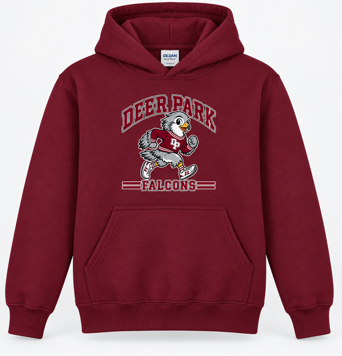 Deer Park Little Falcons Retro Runner Youth Pullover Hoodie in maroon, front view