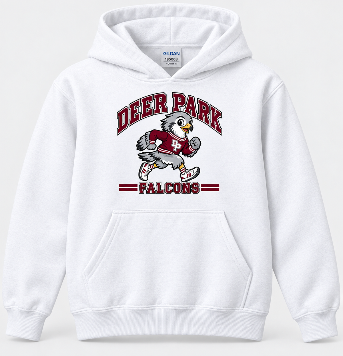 Deer Park Little Falcons Retro Runner Youth Pullover Hoodie in white, front view