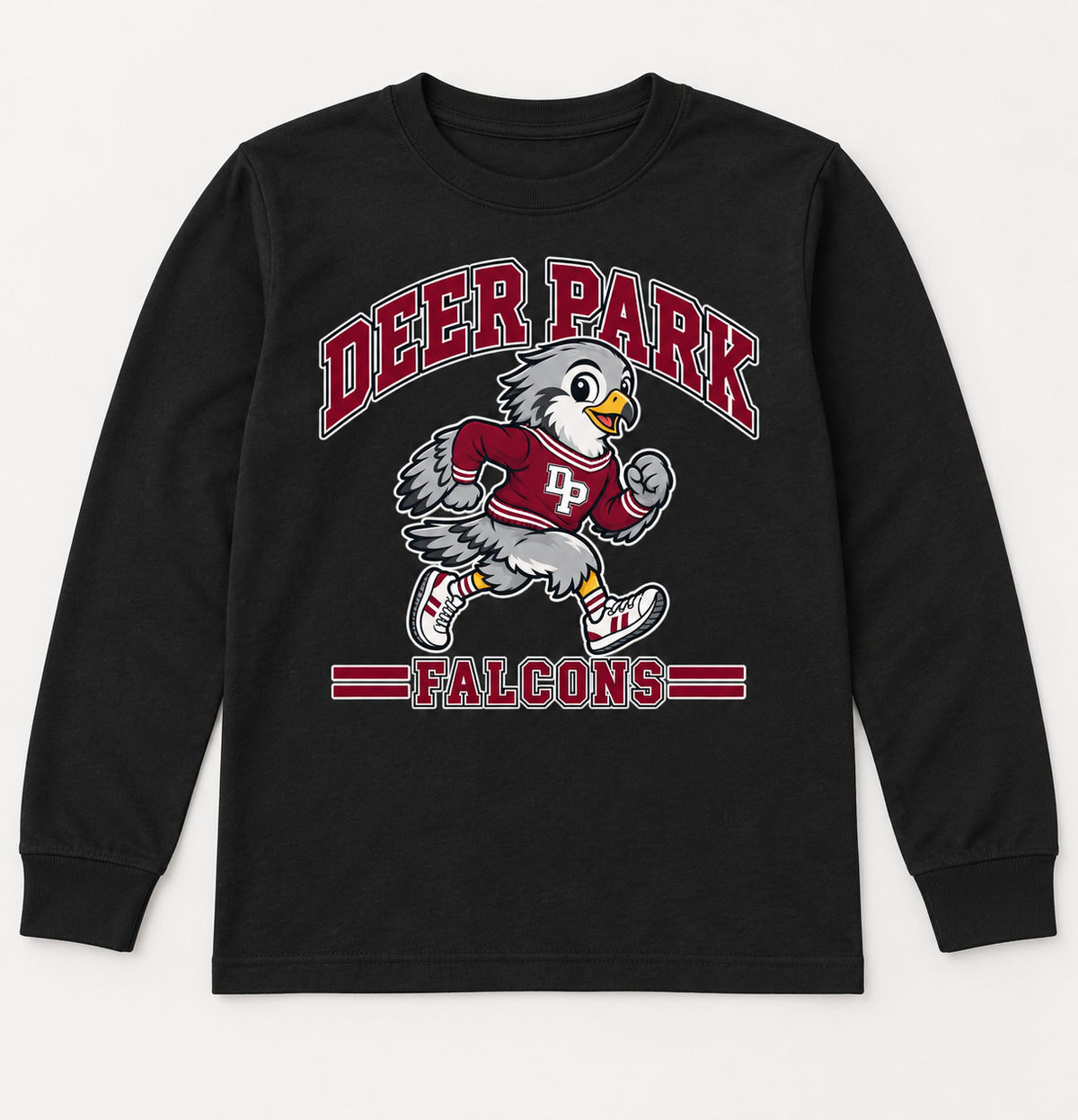 Deer Park Little Falcons Retro Runner Youth Long-Sleeve T-Shirt in black, front view