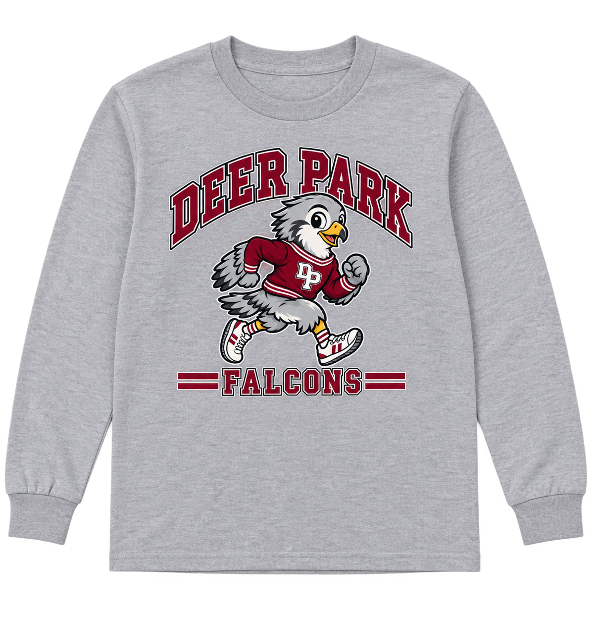 Deer Park Little Falcons Retro Runner Youth Long-Sleeve T-Shirt in sport grey, front view