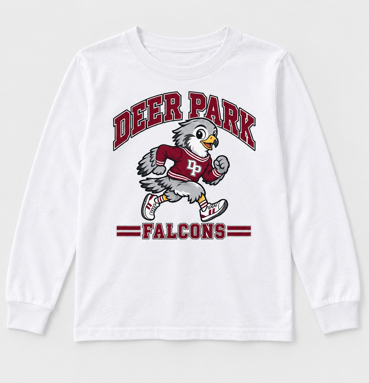 Deer Park Little Falcons Retro Runner Youth Long-Sleeve T-Shirt in white, front view