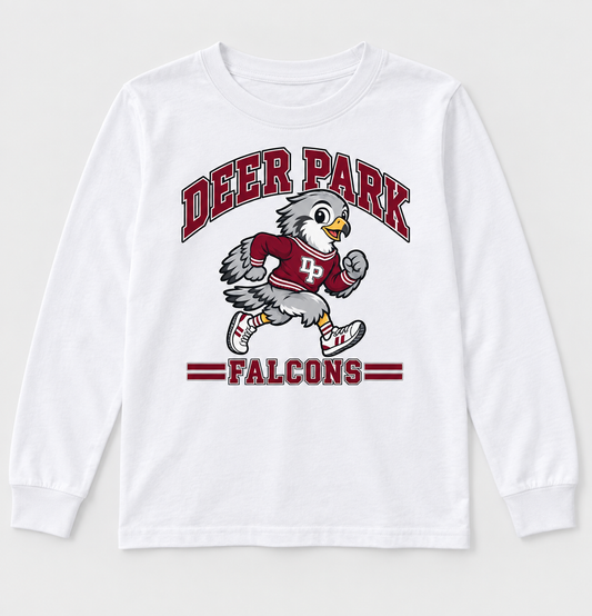 Deer Park Little Falcons Retro Runner Youth Long-Sleeve T-Shirt in white, front view