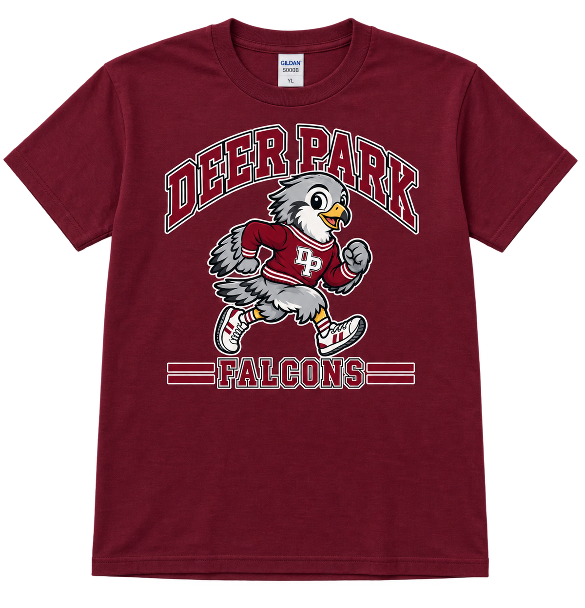 Deer Park Little Falcons retro runner youth T-shirt in maroon, front view