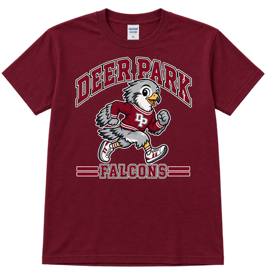Deer Park Little Falcons retro runner youth T-shirt in maroon, front view