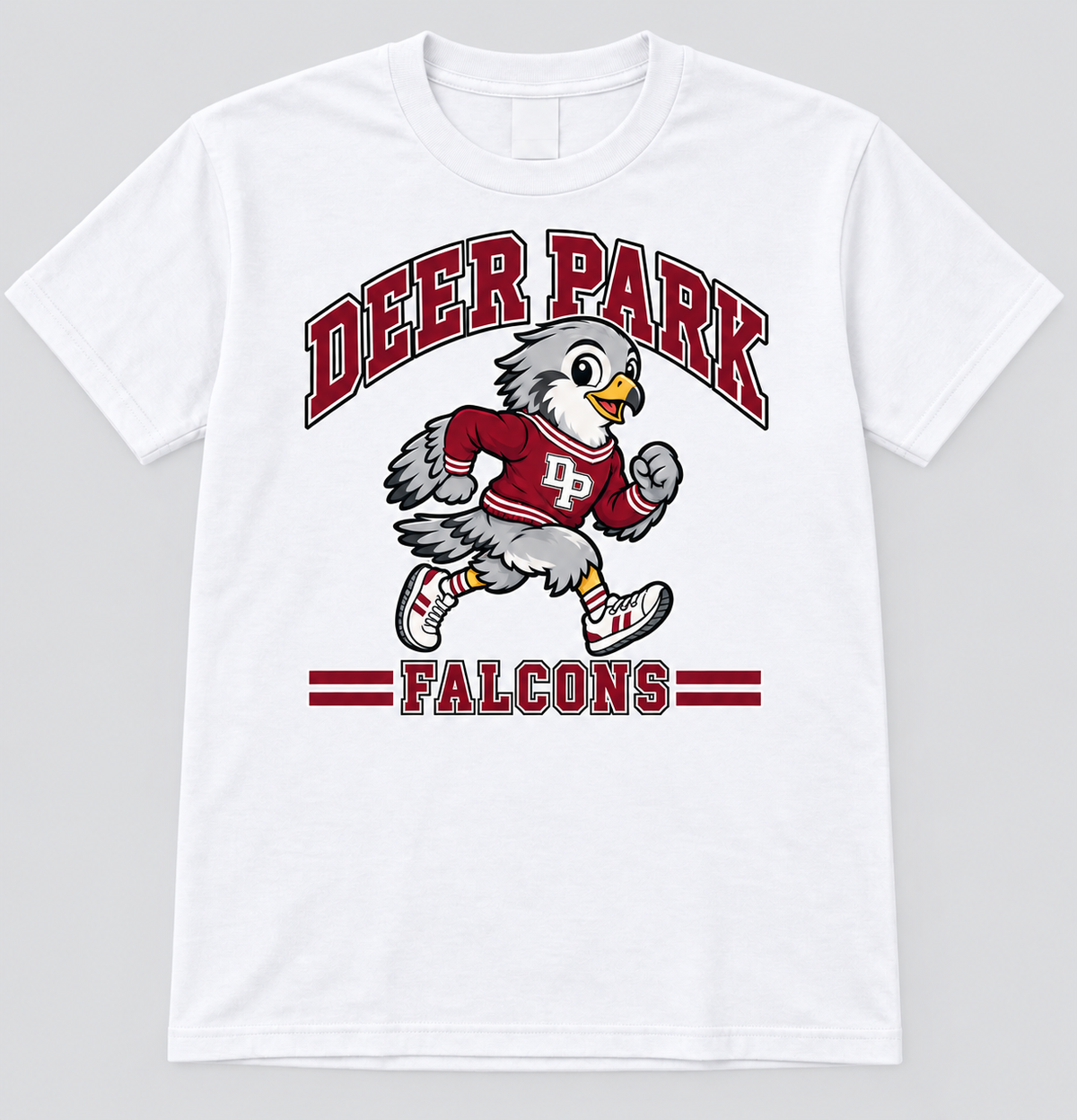 Deer Park Little Falcons retro runner youth T-shirt in white, front view