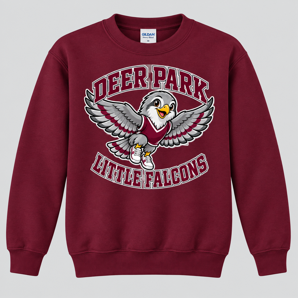 Deer Park Little Falcons Soar Youth Crewneck Sweatshirt in maroon, front view