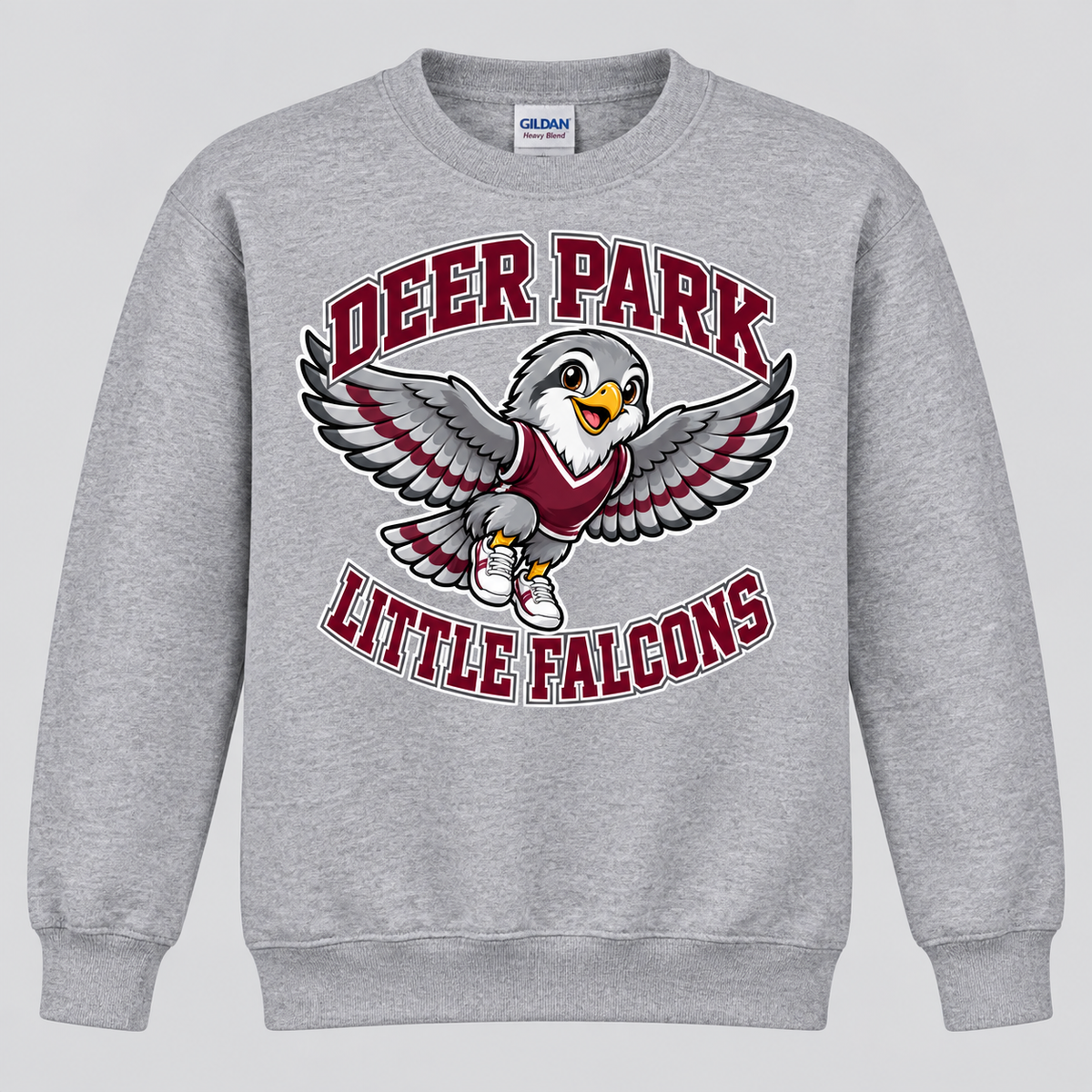 Deer Park Little Falcons Soar Youth Crewneck Sweatshirt in sport grey, front view