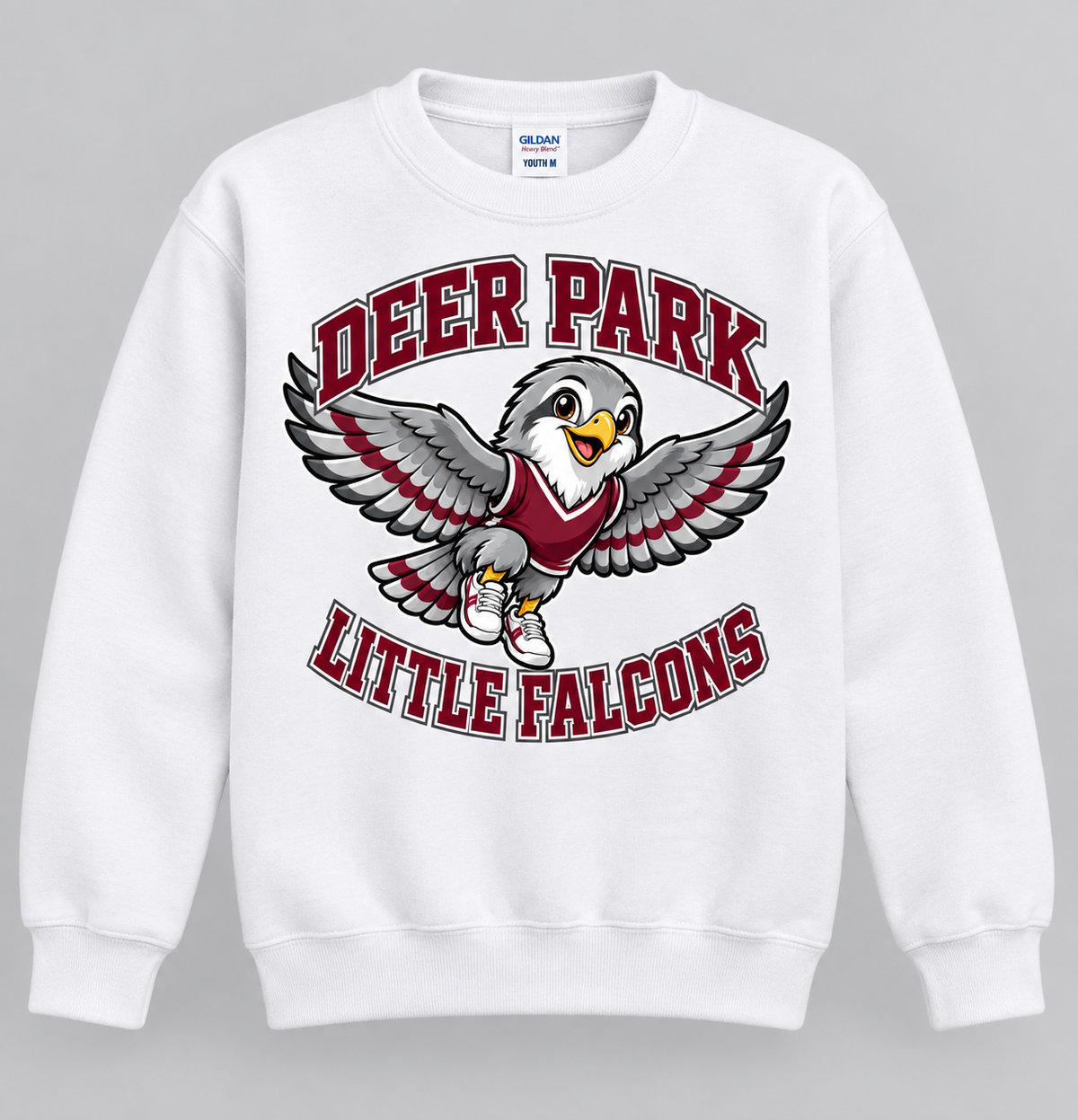 Deer Park Little Falcons Soar Youth Crewneck Sweatshirt in white, front view