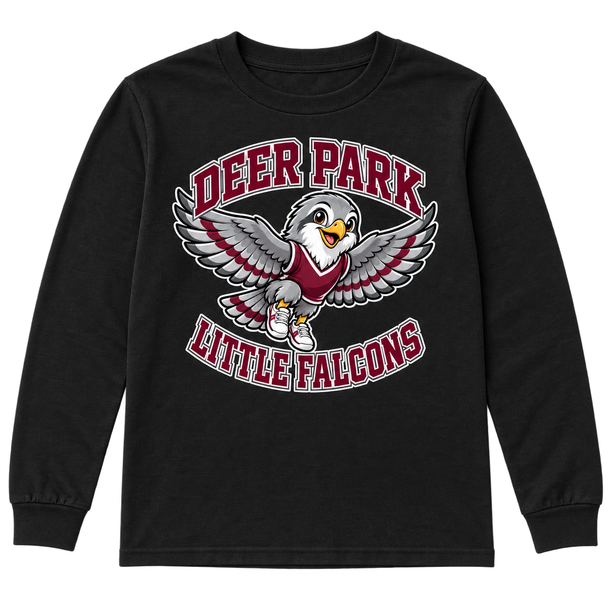 Deer Park Little Falcons Soar Youth Long-Sleeve T-Shirt in black, front view