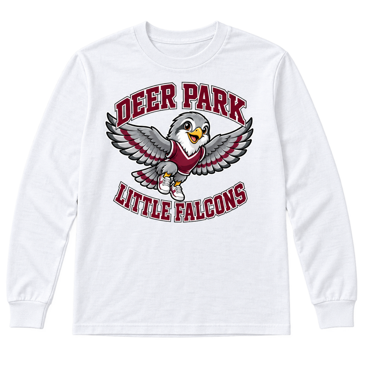 Deer Park Little Falcons Soar Youth Long-Sleeve T-Shirt in white, front view