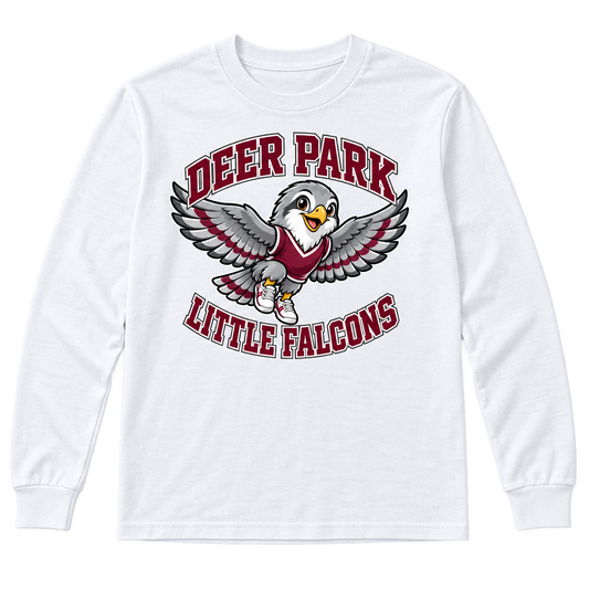 Deer Park Little Falcons Soar Youth Long-Sleeve T-Shirt in white, front view