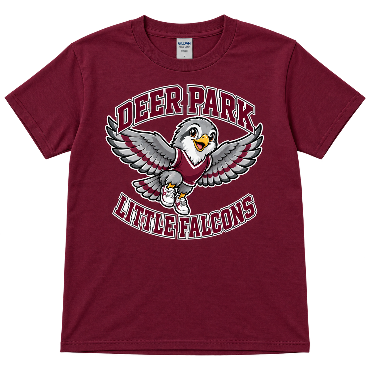 Deer Park Little Falcons soar youth T-shirt in maroon, front view