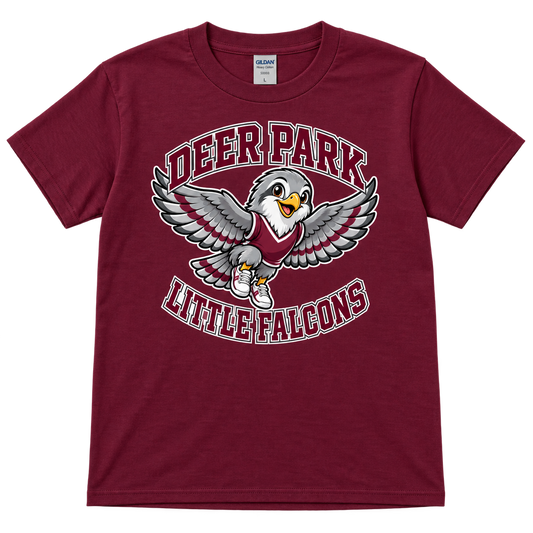 Deer Park Little Falcons soar youth T-shirt in maroon, front view