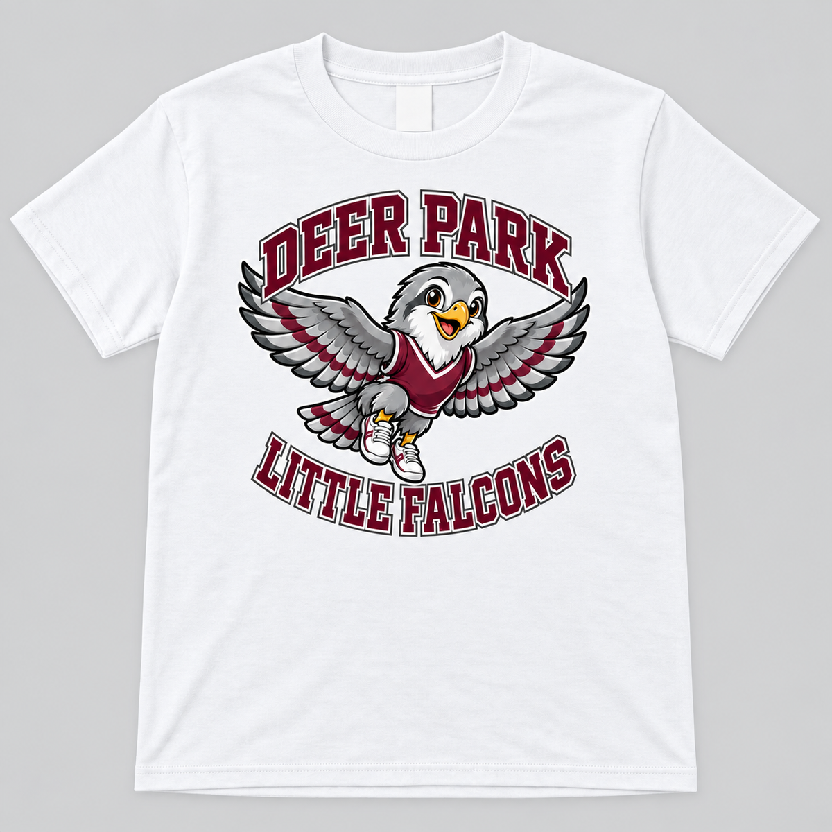 Deer Park Little Falcons soar youth T-shirt in white, front view