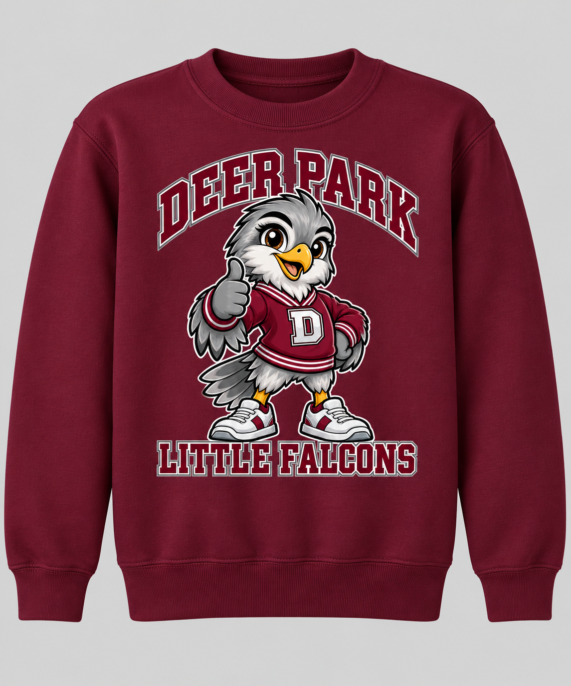 Deer Park Little Falcons Varsity Youth Crewneck Sweatshirt in maroon, front view