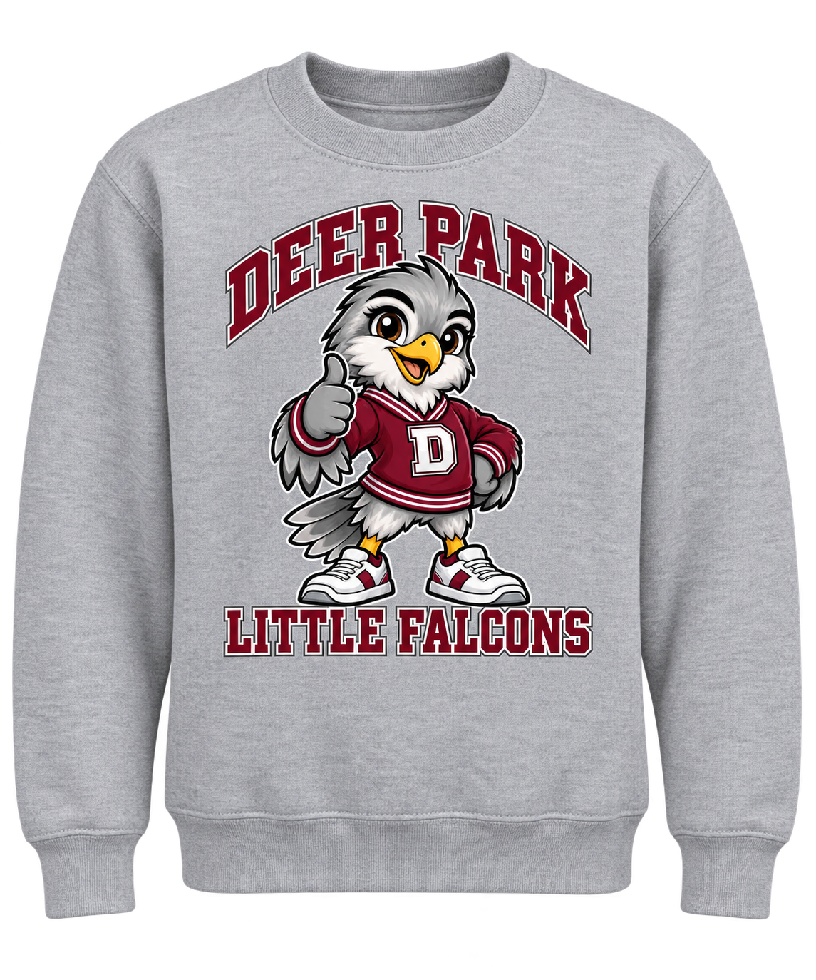 Deer Park Little Falcons Varsity Youth Crewneck Sweatshirt in sport grey, front view