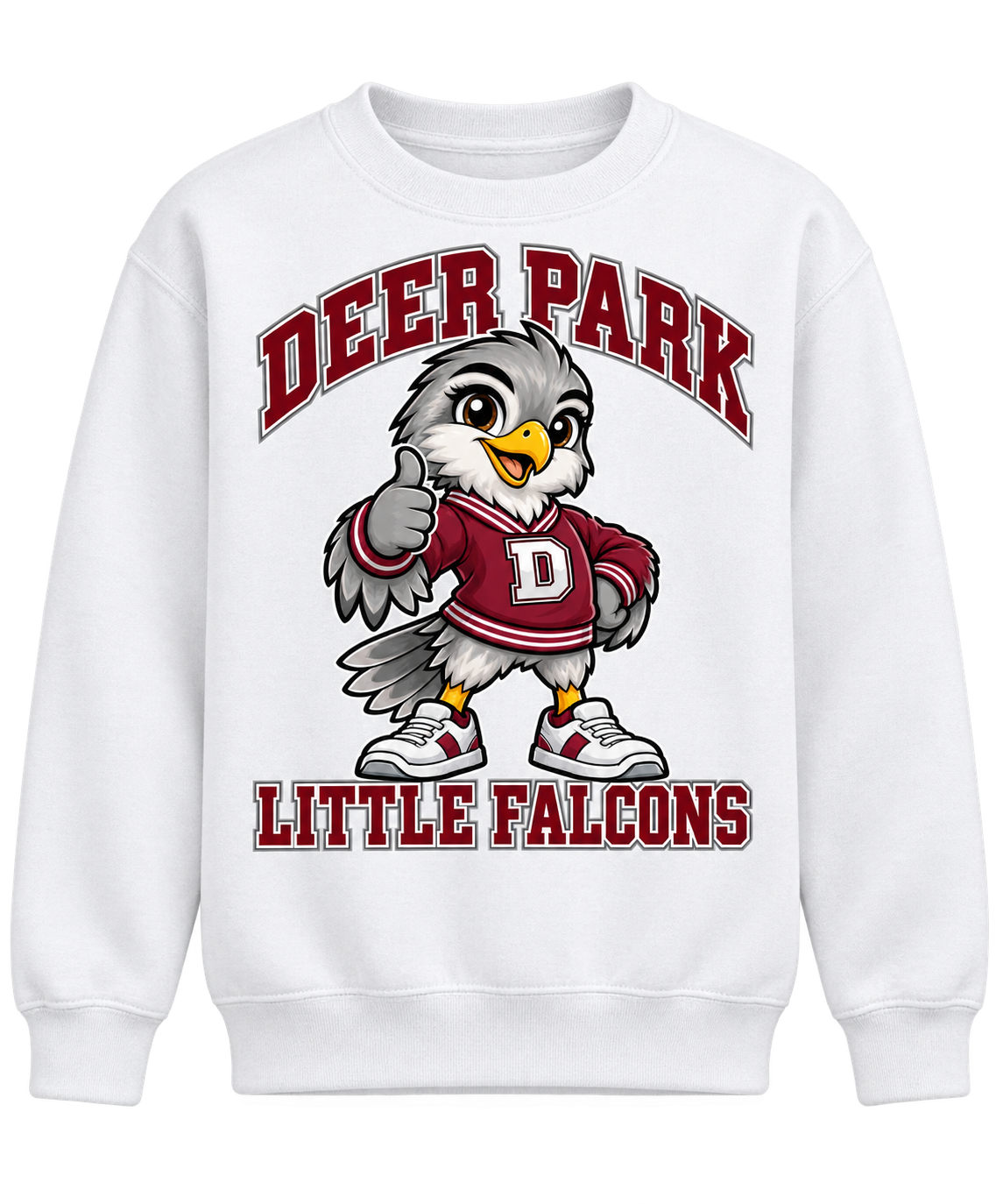 Deer Park Little Falcons Varsity Youth Crewneck Sweatshirt in white, front view