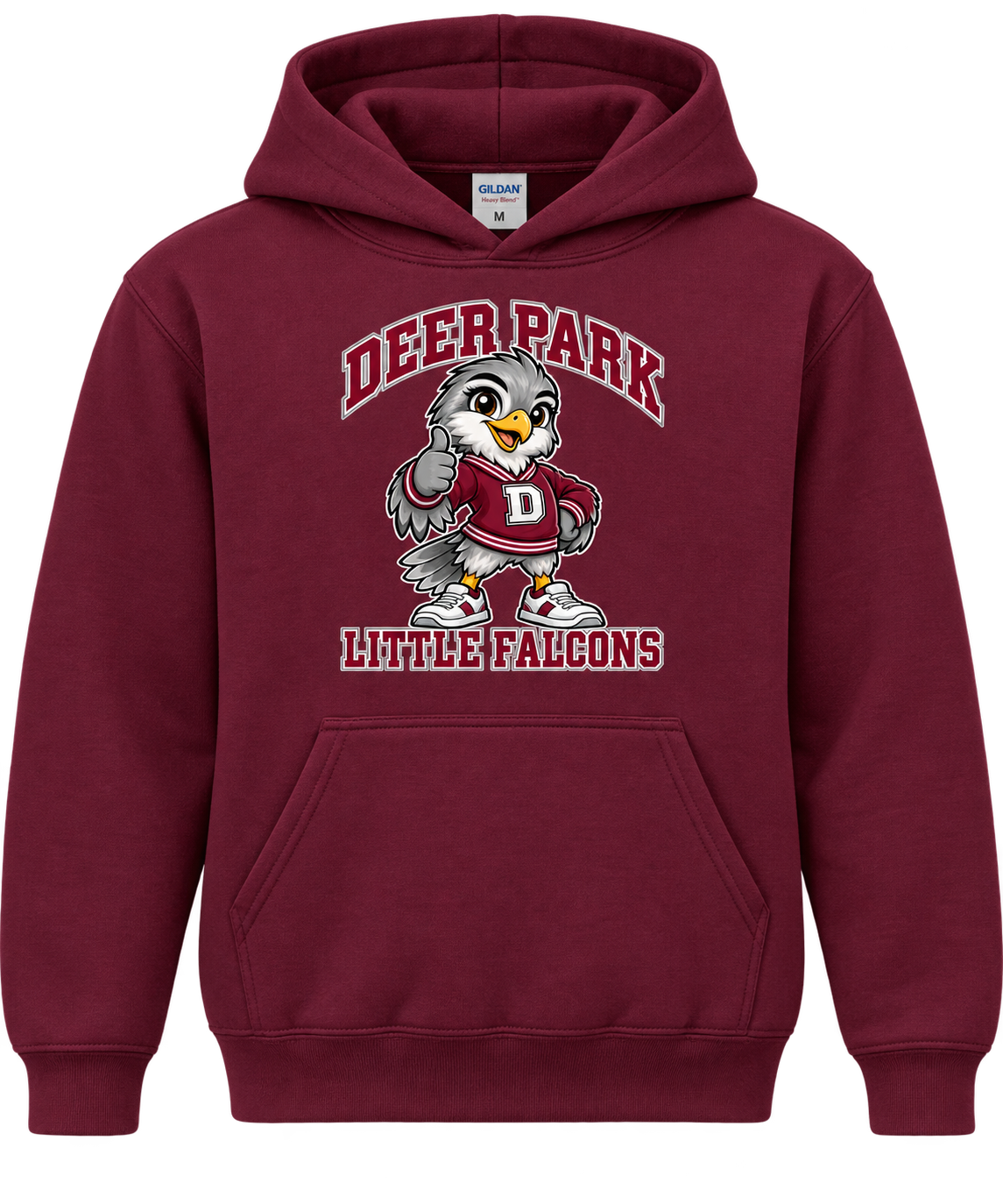 Deer Park Little Falcons Varsity Youth Pullover Hoodie in maroon, front view with print above pocket