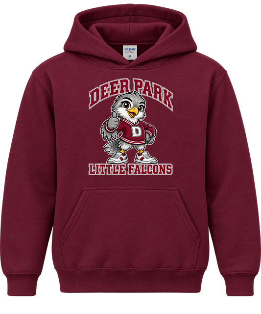 Deer Park Little Falcons Varsity Youth Pullover Hoodie in maroon, front view with print above pocket